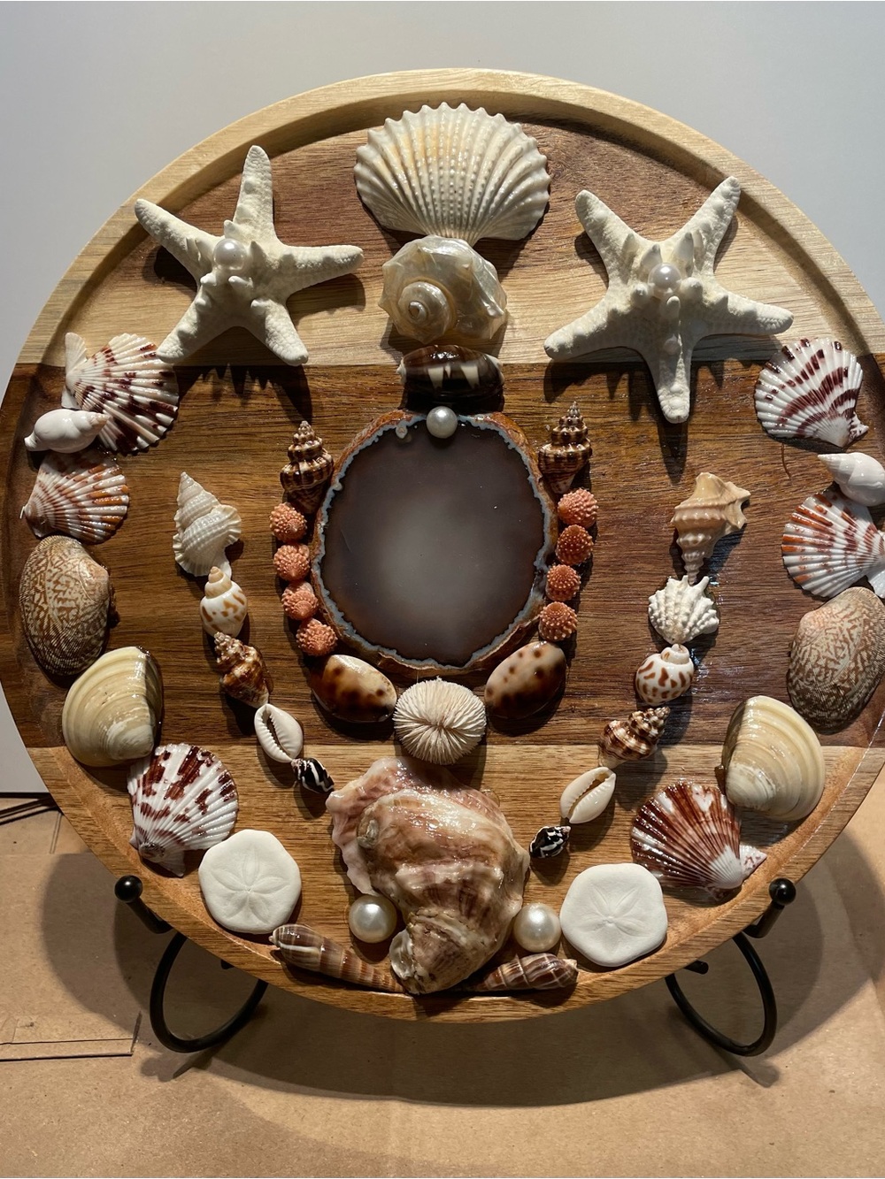 Decorative Shell and Agate Wood Base Plaque - on stand Neutral Tones